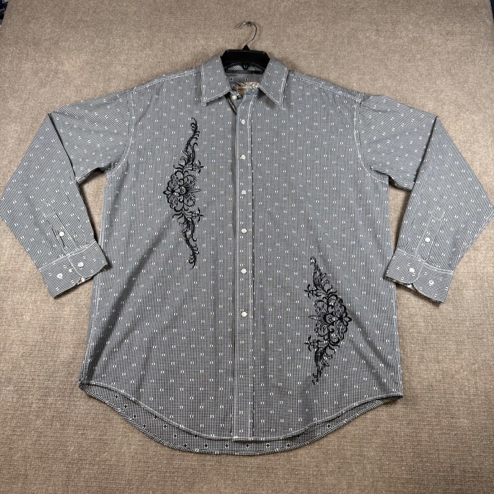 Rough Stock Panhandle Slim Mens Large Black White Gingham Floral Western Shirt L
